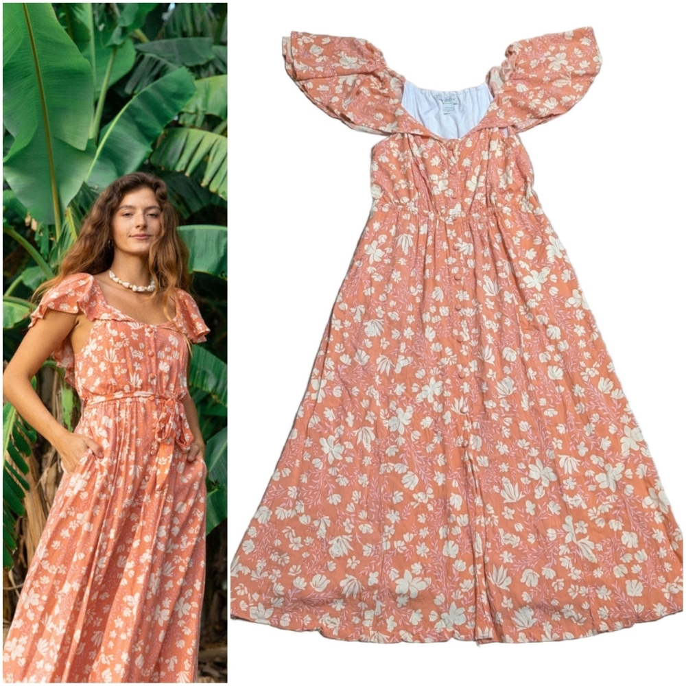 Yireh Indah Rose Maxi Dress Floral Flowers Pink Coral Salmon Size M Hawaii